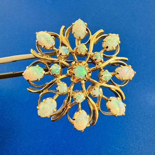 Beautiful 14K Yellow Gold Opal Round Flower Snowflake Pendant Brooch