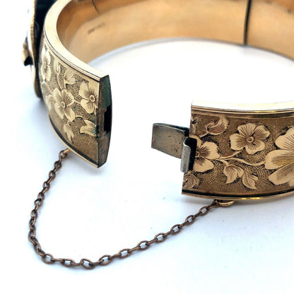 Antique F.M.Co 12K Yellow Gold Filled Floral Belt Buckle Hinged Bangle Bracelet