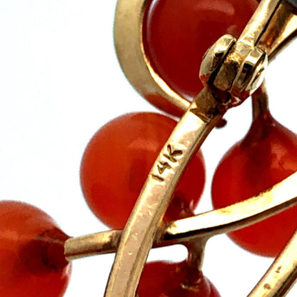 Estate 14K Yellow Gold Carnelian Bead Berry Vine Statement Brooch Pin Pendant
