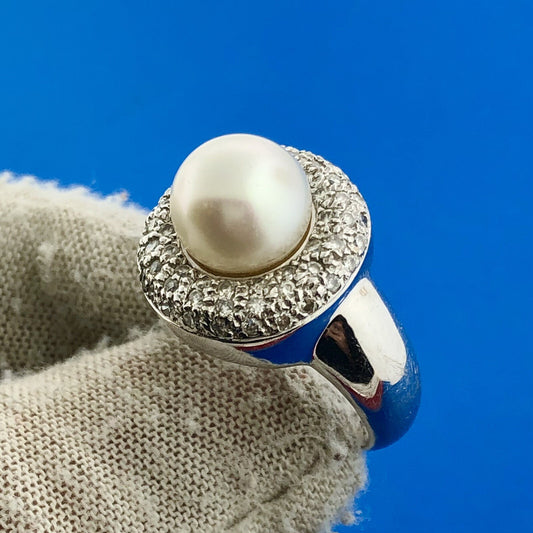 Gorgeous 18k White Gold White Pearl Diamond Halo Cluster Statement Ring Size 6.5