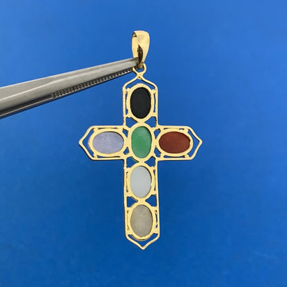 14K Yellow Gold Jade Onyx Coral Multi Gemstone Cabochon Cross Pendant