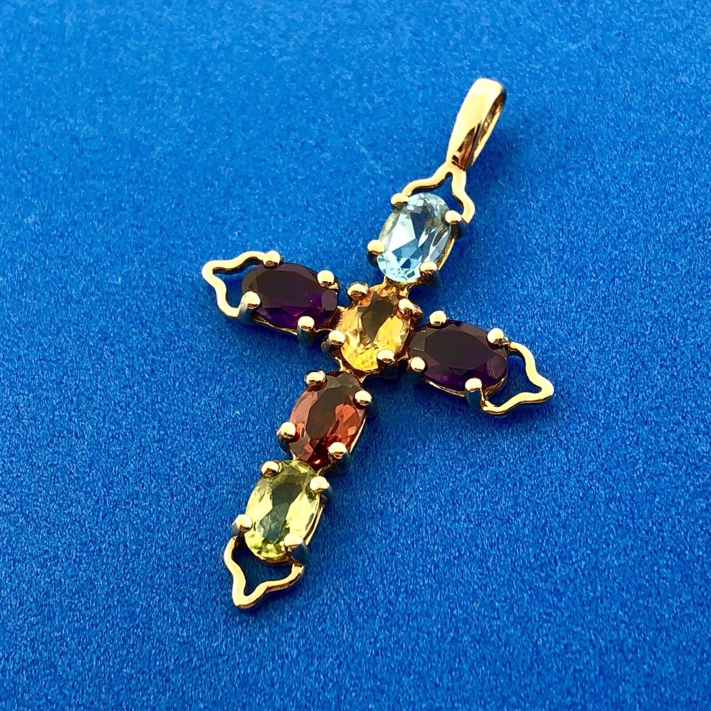 Vintage 10K Yellow Gold Multi Gemstone Cross Pendant
