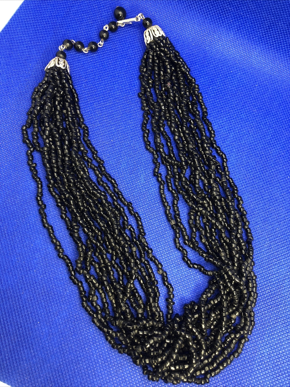 Mid Century Japan Silver Tone Jet Seed Bead Multi Strand Statement Necklace