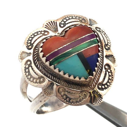 Quoc Turquoise Inc 925 Sterling Silver Mixed Gemstone Inlay Heart Concho Ring