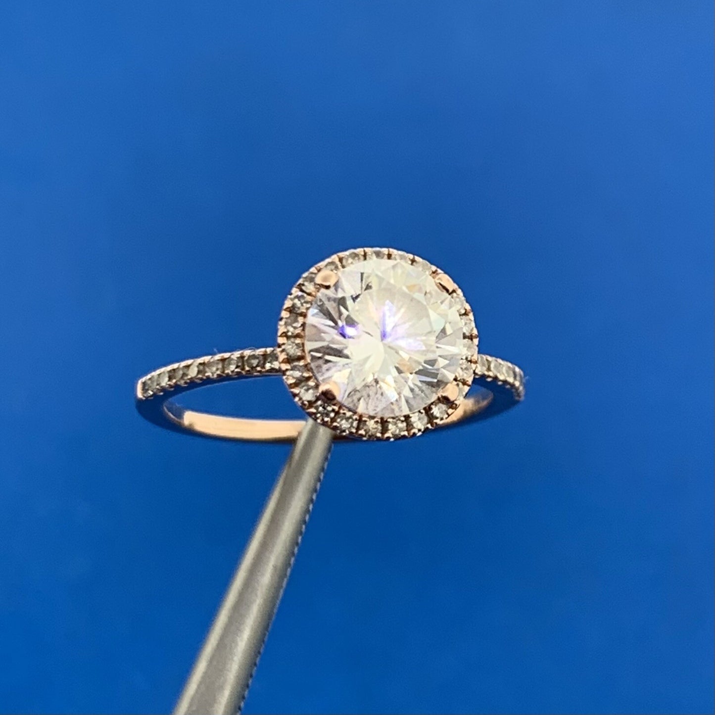 14K Rose Gold Cubic Zirconia Solitaire Diamond Halo Accented Engagement Ring