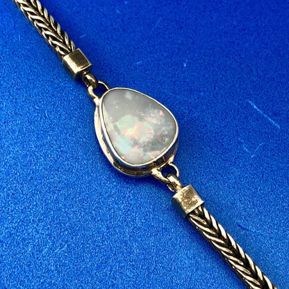 Vintage Sterling Silver 925 Trilliant Opal Cabochon Wheat Link Toggle Bracelet