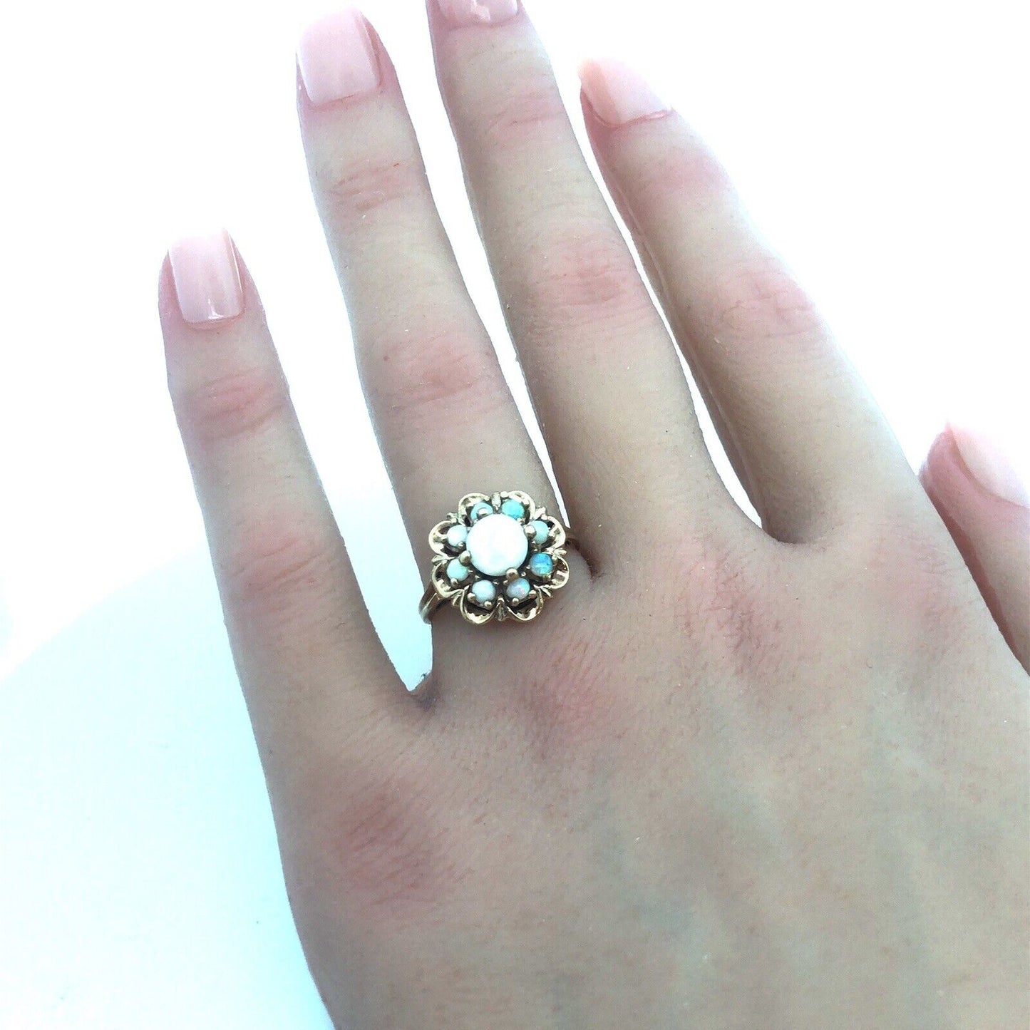 Vintage 10K Yellow Gold Opal Floral Cluster October Anniversary Cocktail Ring