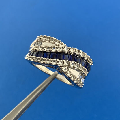Designer JWBR Sterling Silver 925 Blue & White Sapphire Crossover Band Ring