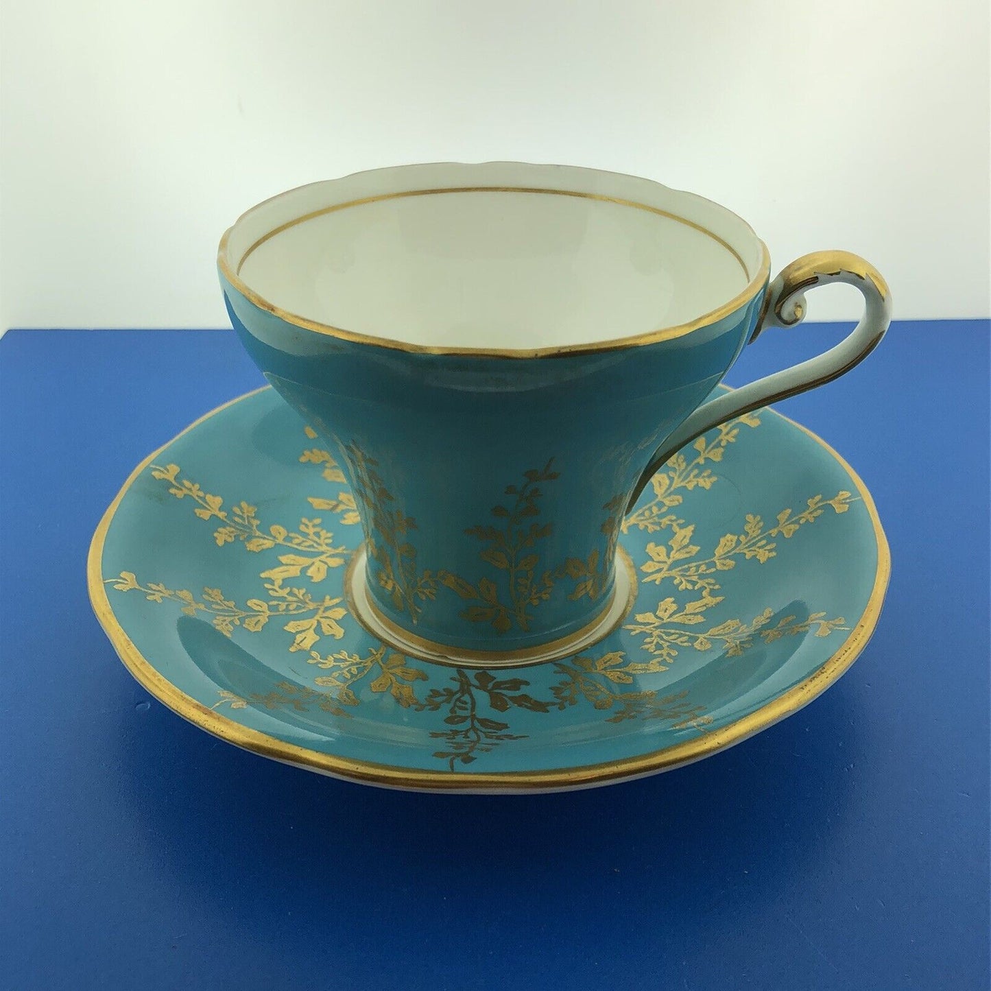 Aynsley English Bone China Aqua Turquoise Gold Floral Vine Tea Cup/Saucer