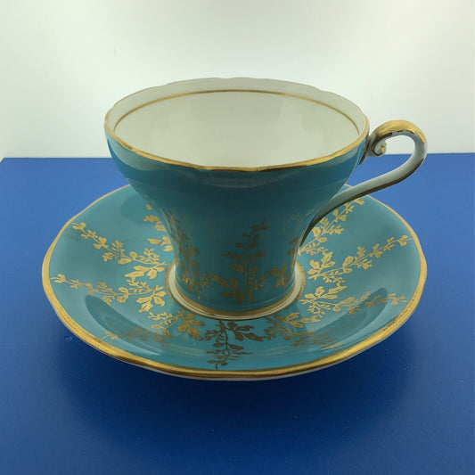 Aynsley English Bone China Aqua Turquoise Gold Floral Vine Tea Cup/Saucer