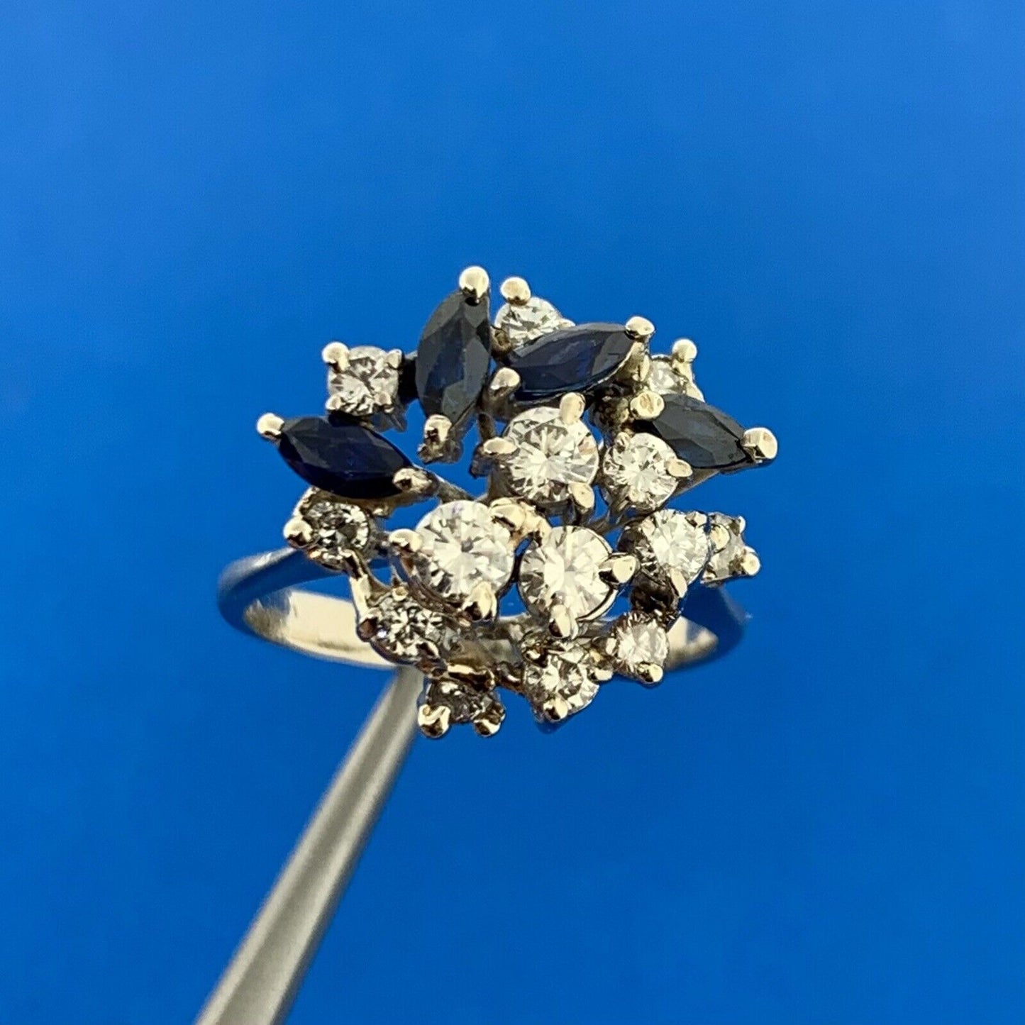 14K White Gold Diamond Sapphire Cluster Statement Anniversary Cocktail Ring