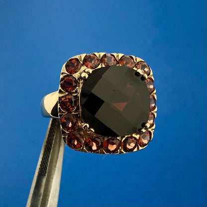 Designer 14K Yellow Gold Cushion Garnet Solitaire Halo January Anniversary Ring