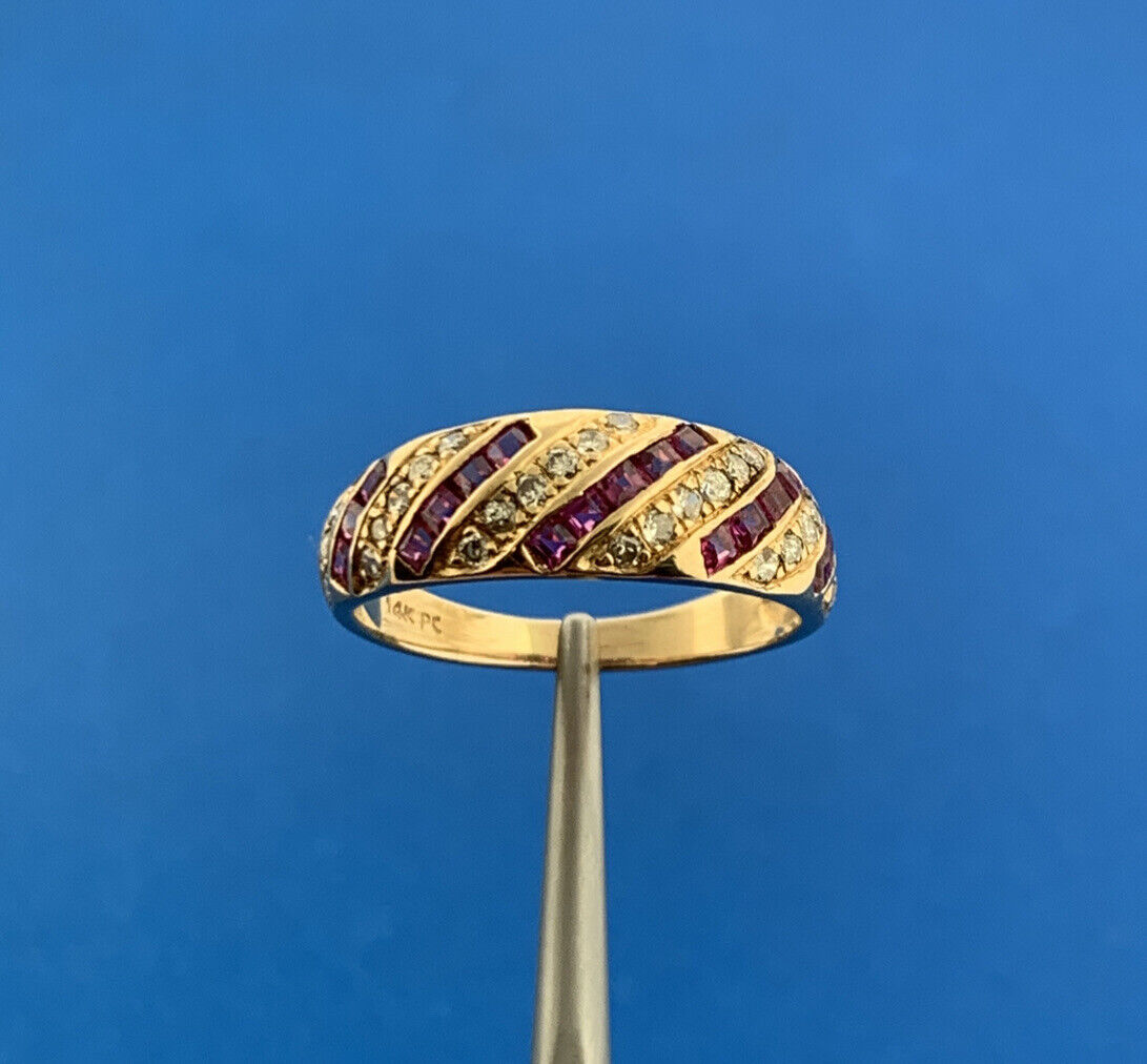 Designer 14K Yellow Gold Ruby Diamond July Wedding Anniversary Tapered Band Ring
