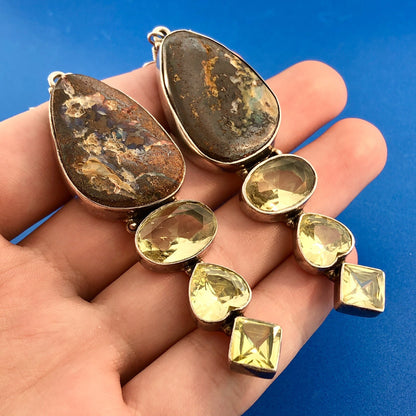 Retro 925 Sterling Silver Chunky Llanite Lemon Quartz Statement Dangle Earrings