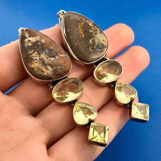 Retro 925 Sterling Silver Chunky Llanite Lemon Quartz Statement Dangle Earrings