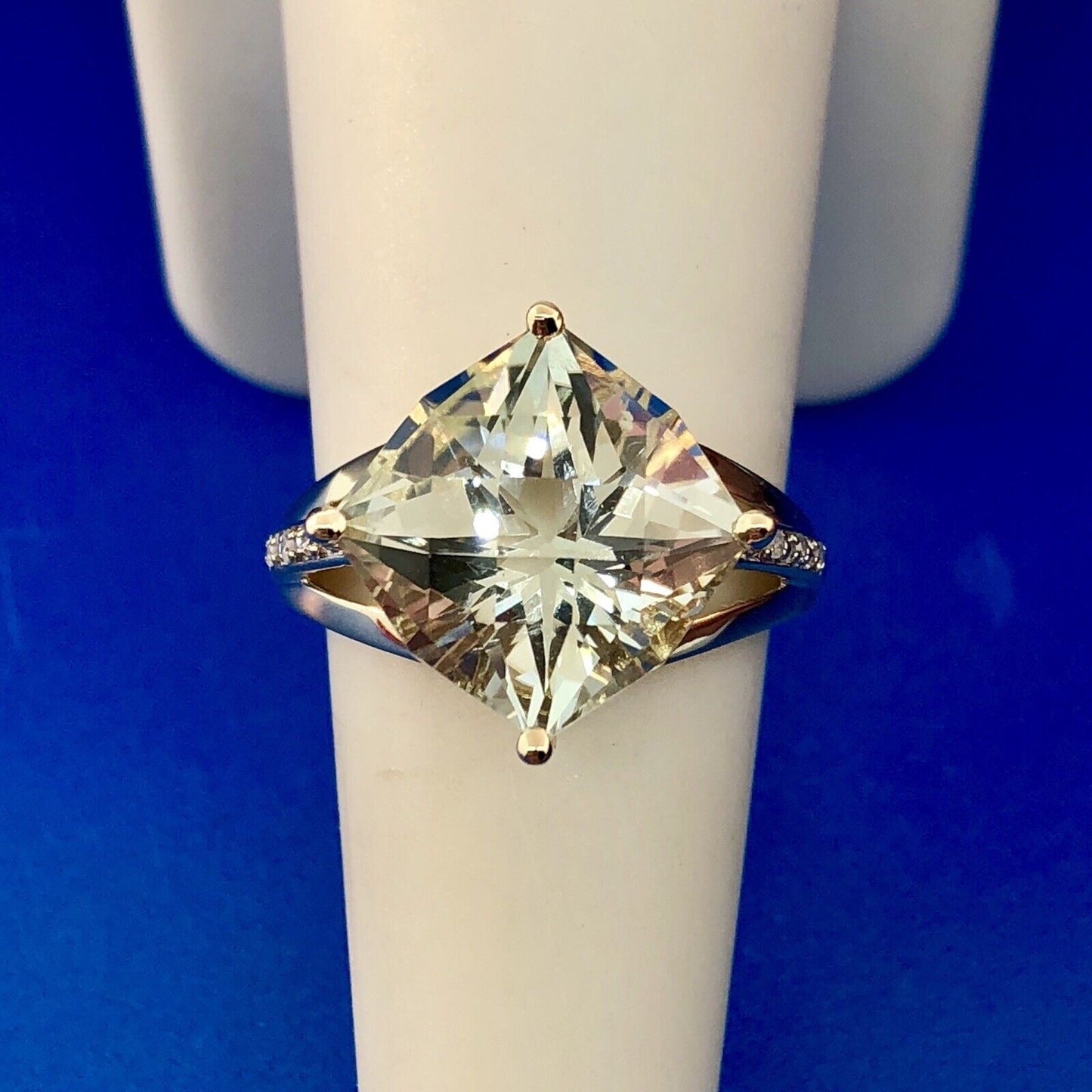 Designer 14K Yellow Gold Green Amethyst Prasiolite Diamond Accent Statement Ring