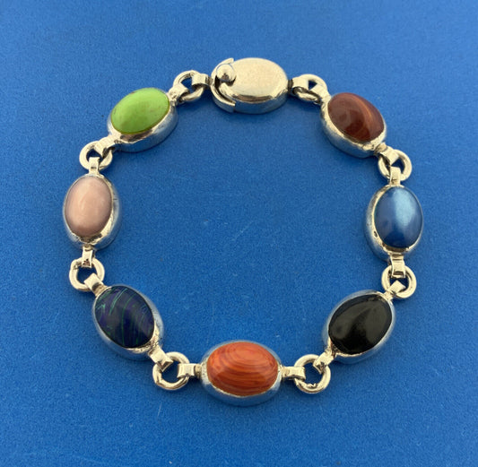 Vintage Mexico Sterling Silver Mixed Gemstone Oval Cabochon Statement Bracelet