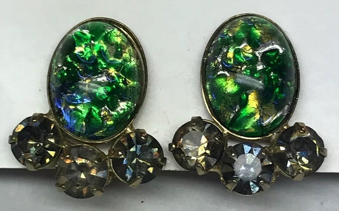 Vintage Gold Tone Opal Glass Rhinestone Crystal Clip On Earrings