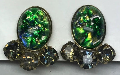 Vintage Gold Tone Opal Glass Rhinestone Crystal Clip On Earrings
