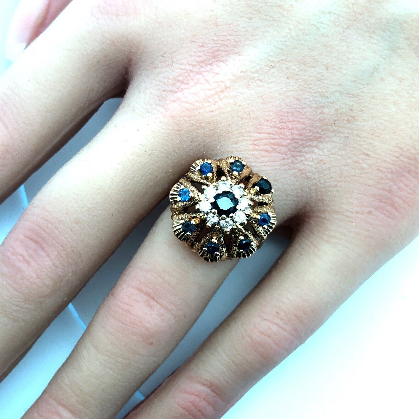 Retro 14K Yellow Gold Sapphire Diamond September Anniversary Princess Harem Ring