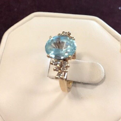 Vintage 10K Yellow Gold Blue Topaz Waterfall Diamond Engagement Anniversary Ring