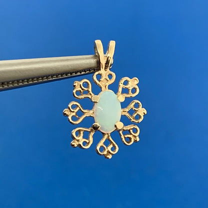 Designer 14K Yellow Gold Oval Opal Filigree Snowflake Drop Dangle Pendant