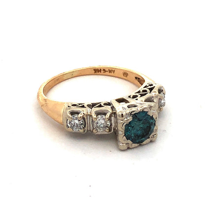 Vintage AM-G 14K Yellow White Gold  Blue Diamond White Accented Engagement Ring