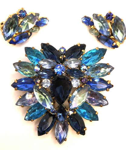 Vintage West Germany Blue Rhinestone Gold Tone Statement Earrings & Brooch Set