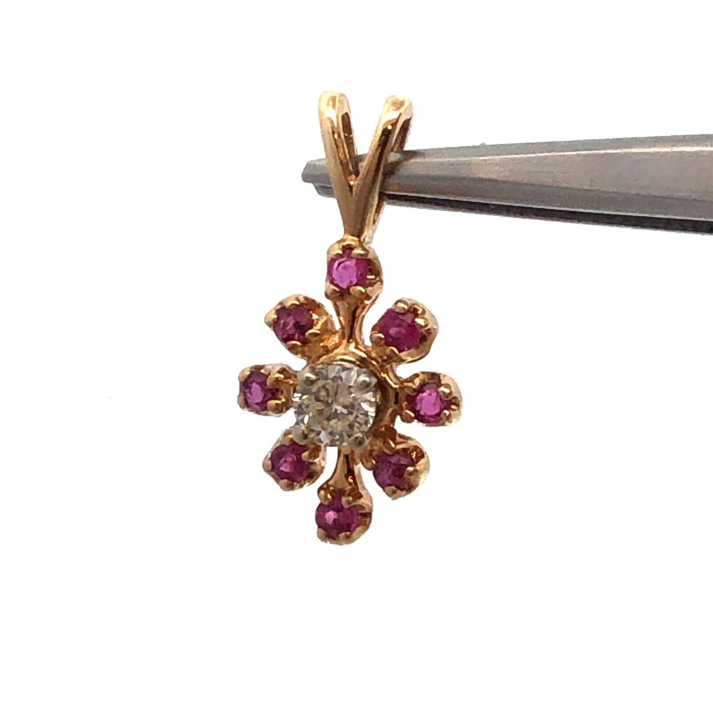 14K Yellow Gold Ruby Diamond Flower Floral Drop Charm Pendant