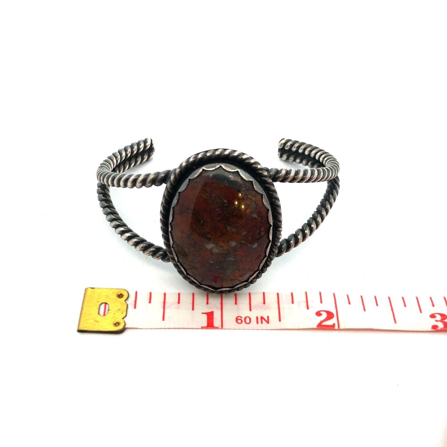 Vintage 925 Sterling Silver Brown Agate Cabochon Statement Open Cuff Bracelet