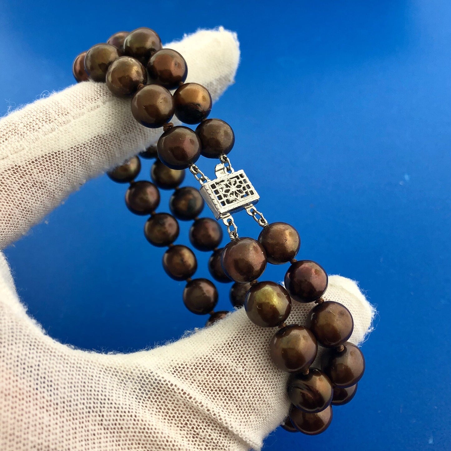 Beautiful 925 Sterling Silver Bronze Chocolate Pearl Double Strand Bracelet