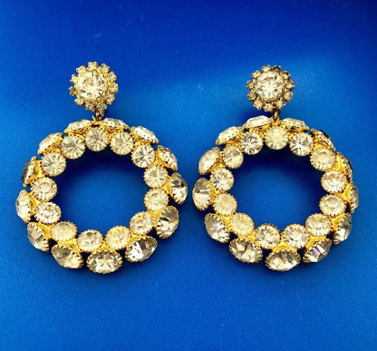 Extravagant Gold Tone Runway Rhinestone Statement Hoop Clip Glamour Earrings