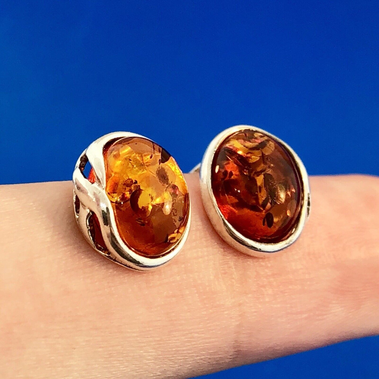 Retro 925 Sterling Silver Oval Baltic Amber Stud Earrings