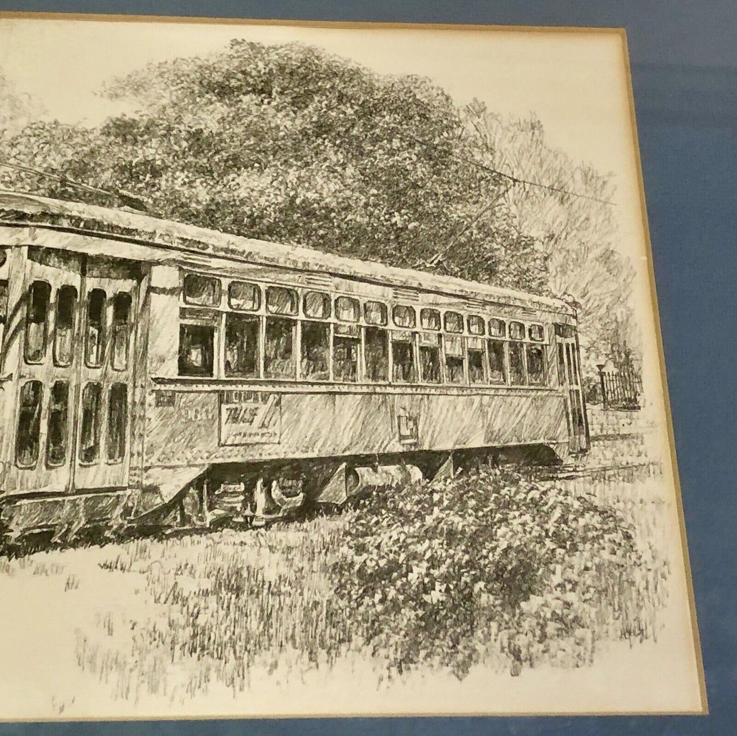 1976 Artist Don Davey St. Charles Street Car NOLA Pencil Sketch Matted Framed