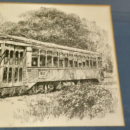 1976 Artist Don Davey St. Charles Street Car NOLA Pencil Sketch Matted Framed