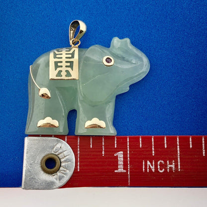Vintage 14K Yellow Gold Carved Jade Jadeite Ruby Eye Elephant Good Luck Pendant
