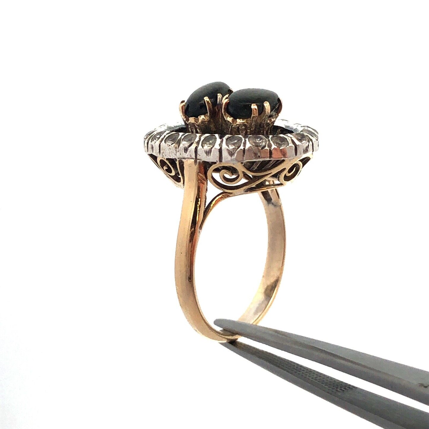 Vintage 14K Yellow Gold Black Star Sapphire White Amethyst Halo Cocktail Ring