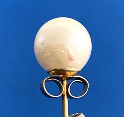 Designer Hallmarked 14K Yellow Gold Pearl Solitaire Stud Earrings