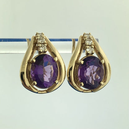 Estate 14K Yellow Gold Oval Amethyst Diamond February Anniversary Omega Earrings