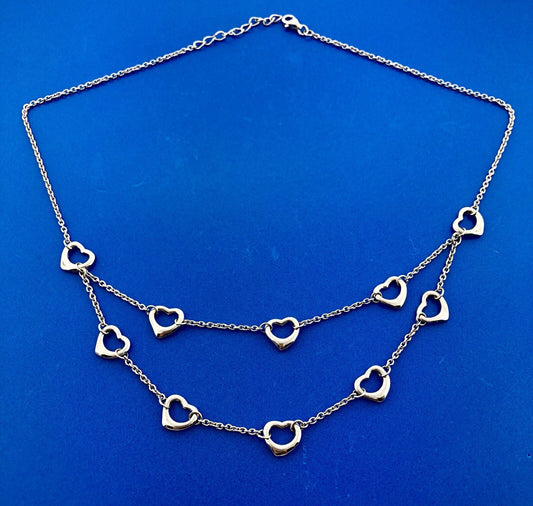 Sterling Silver 925 Heart Cutout Double Drop Sweet Heart Fashion Necklace
