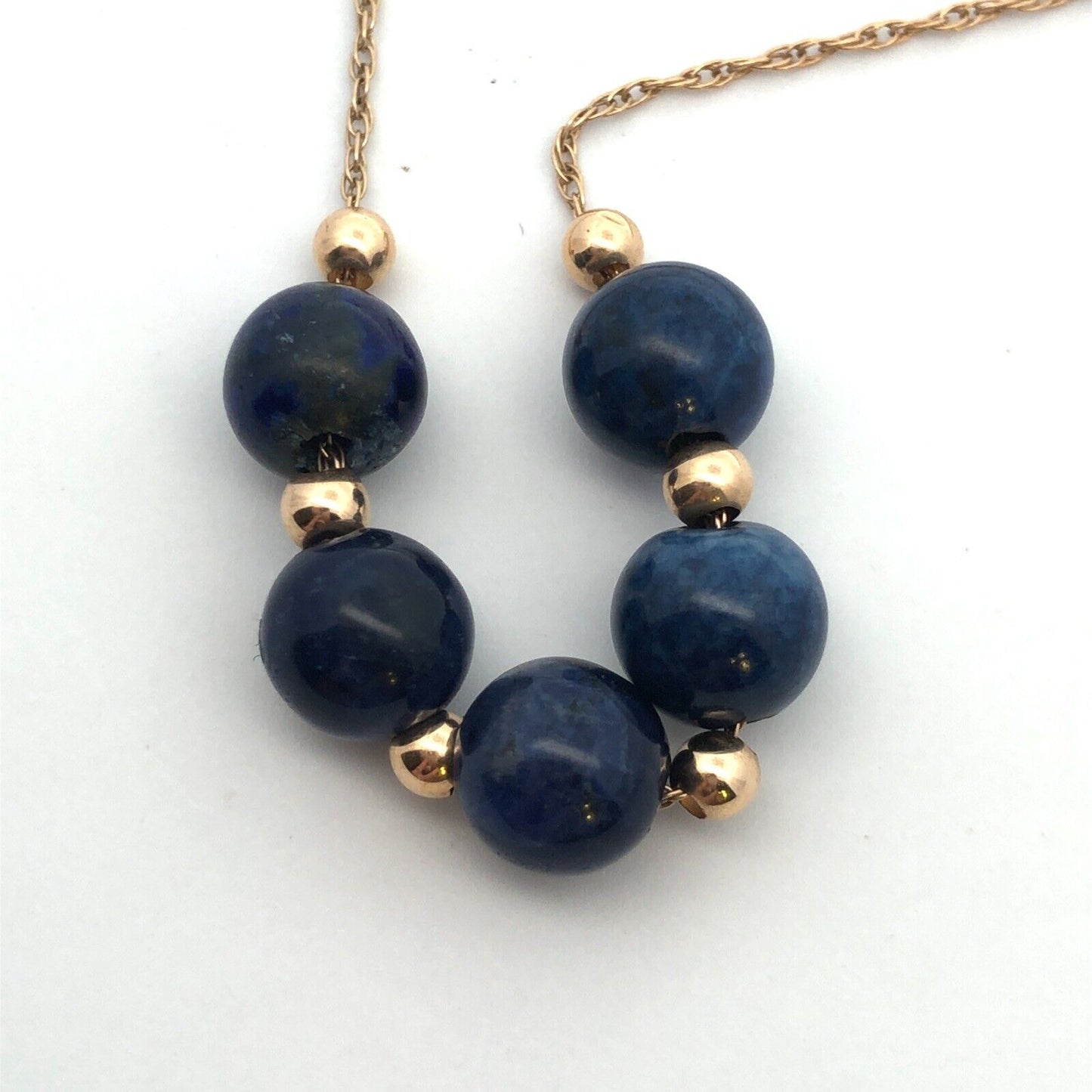 Designer 14K Yellow Gold Round Lapis Lazuli Beaded Chain Necklace