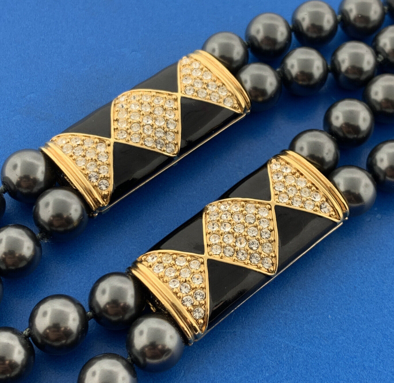 Retro Ciro Gold Tone Rhinestone Black enamel Gray Faux Pearl Statement Necklace