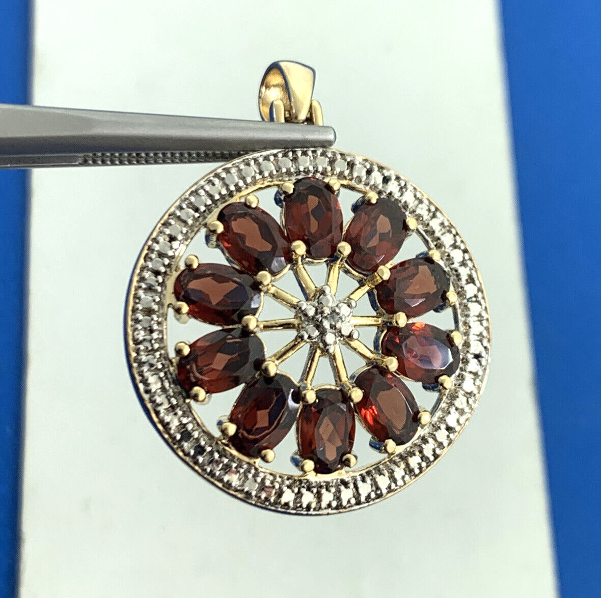Designer Vermeil 925 Sterling Silver Oval Garnets Diamond Accent Round Pendant