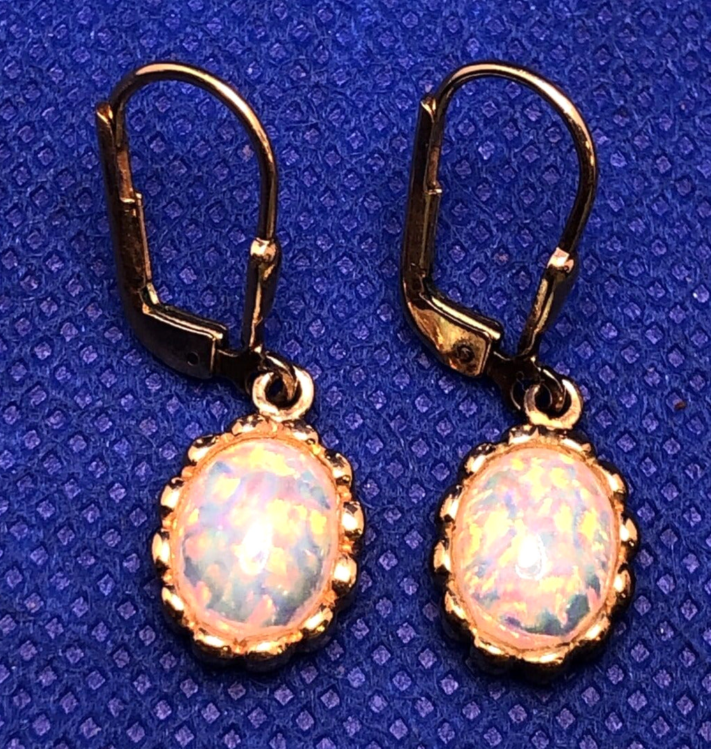 Estate 925 Sterling Silver Vermeil Oval Opal Cabochon Dangle Drop Earrings