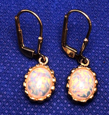 Estate 925 Sterling Silver Vermeil Oval Opal Cabochon Dangle Drop Earrings