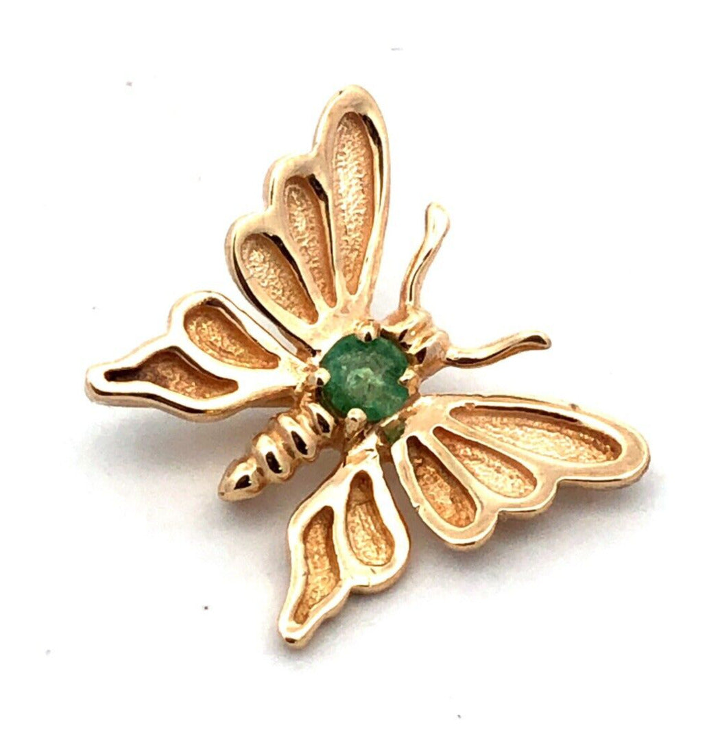 Designer 14K Yellow Gold Round Green Emerald Moth Butterfly Pendant