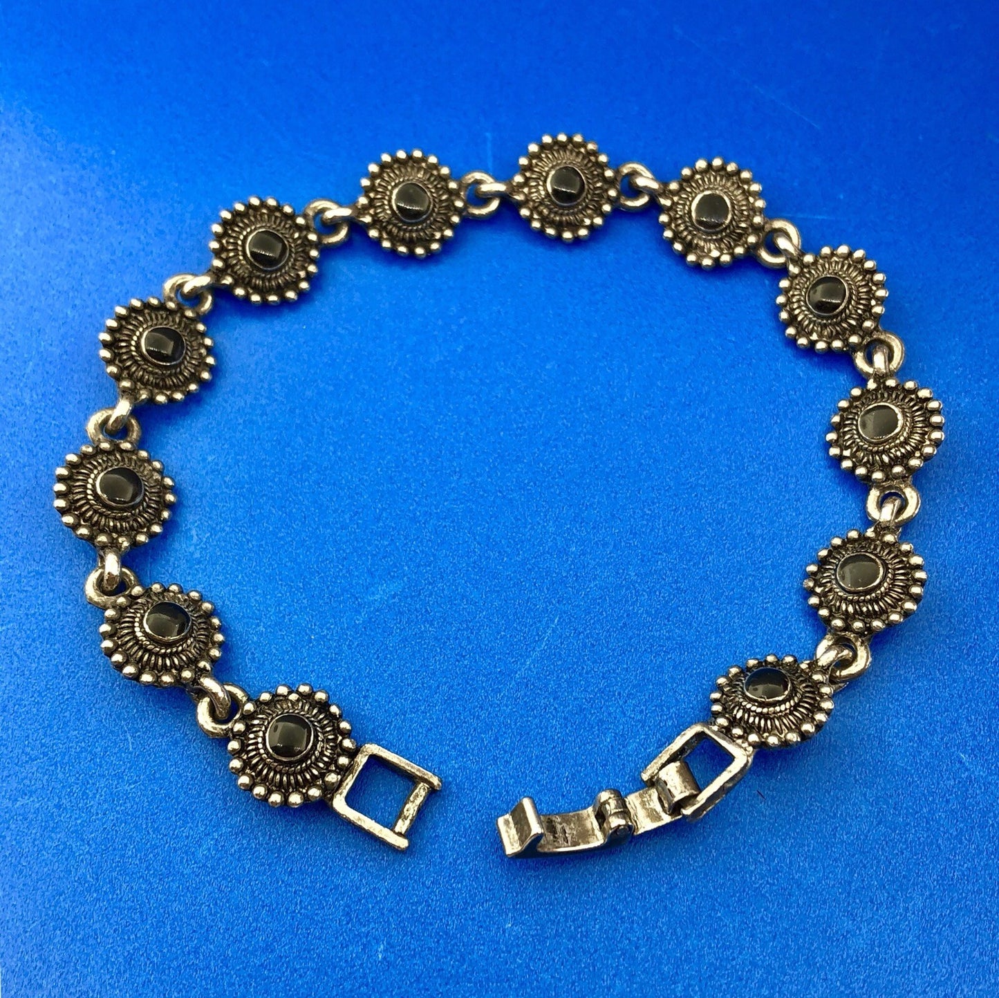 Charming Silver Tone Black Onyx Cabochon Floral Petite Bead Panel Bracelet
