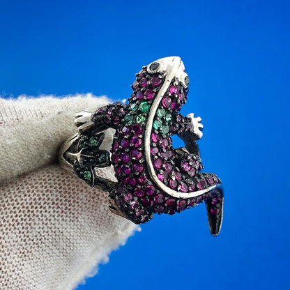 Unusual 925 Sterling Silver Ruby Emerald Gila Monster Lizard Statement Ring