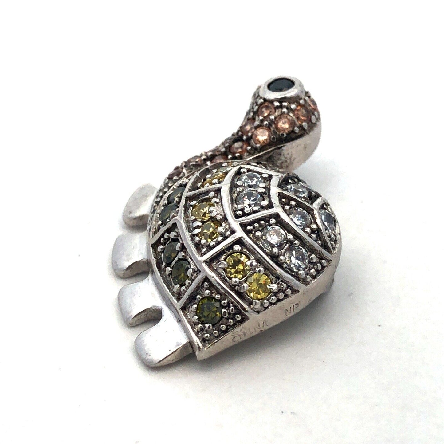 Adorable 925 Sterling Silver Mixed Colored Cubic Zirconia Turtle Pendant