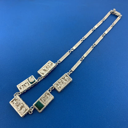 Vintage 925 Sterling Silver Malachite Aztec Incan Village Scene Panel Necklace